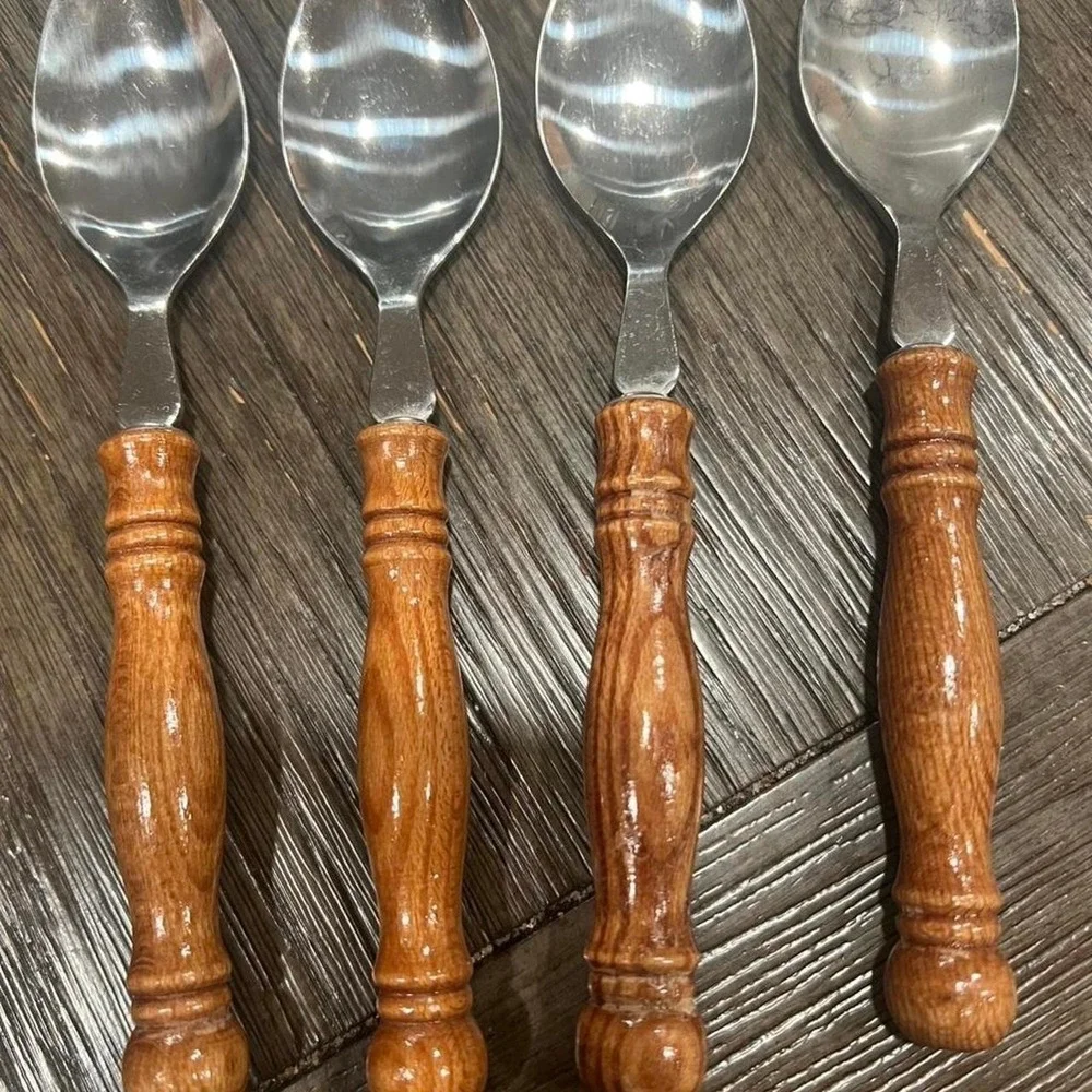 Vintage Stainless Steel Wood Handle Spoons Set of 4 Taiwan Mid Century Rustic